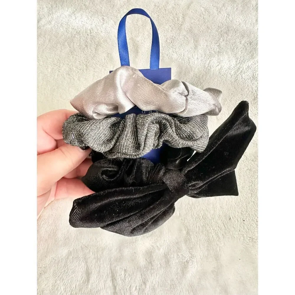Set of three hair scrunchies black velvet bow, silver, glitter, & silver satin -